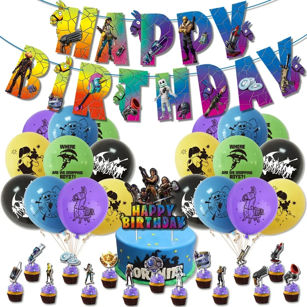 Party Games Kids Birthday - Heißes Fortnite-Themen-Set: DIY-Ballons, Partyzubehör, Geburtstagsbanner, Latexballons,